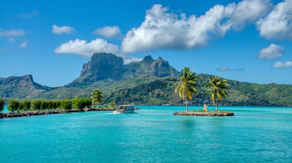 island, tropical, blue waters, tropical island, mountains, bora bora, sea, nature, ocean, polynesia, landscape, water, idyllic